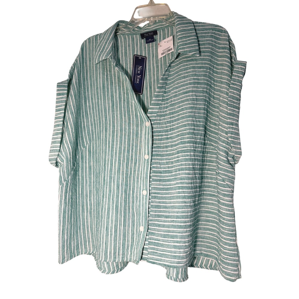 NWT New York Clothing Co 3X Plus Green Striped Button Up Short Sleeve Shirt